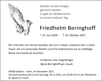 Traueranzeige von Friedhelm Beringhoff 