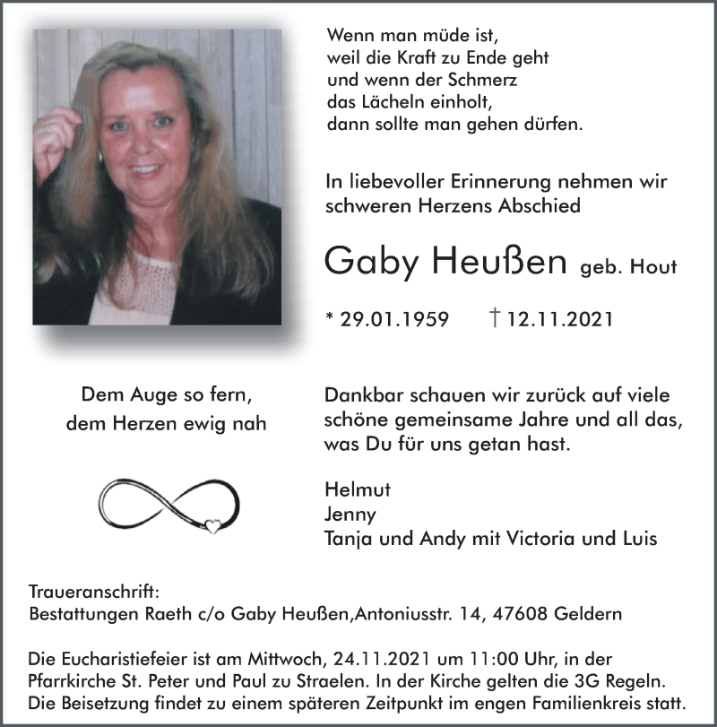  Traueranzeige für Gaby Heußen vom 20.11.2021 aus 