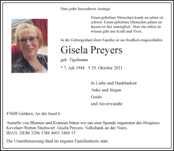Traueranzeige von Gisela Preyers 