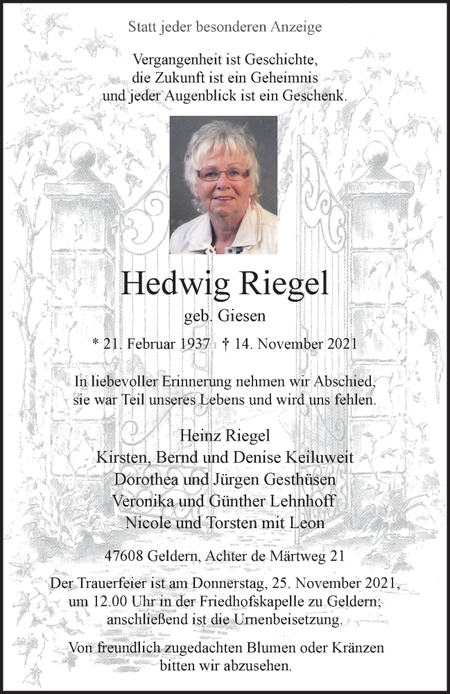  Traueranzeige für Hedwig Riegel vom 20.11.2021 aus 