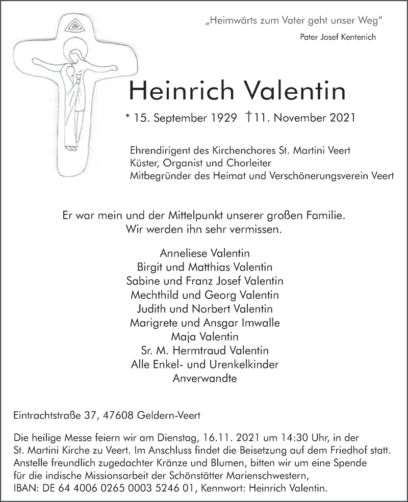  Traueranzeige für Heinrich Valentin vom 13.11.2021 aus 