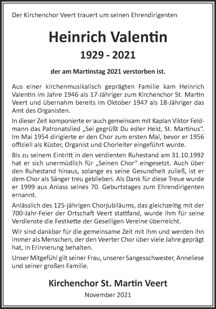  Traueranzeige für Heinrich Valentin vom 20.11.2021 aus 