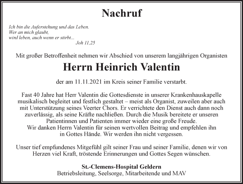  Traueranzeige für Heinrich Valentin vom 20.11.2021 aus 