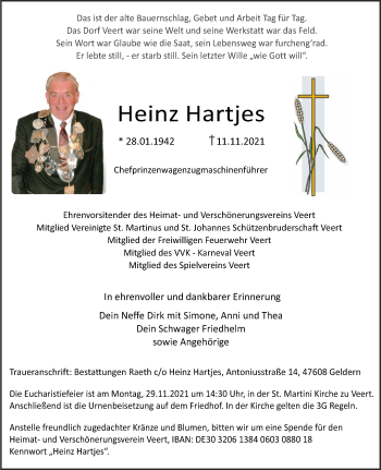 Traueranzeige von Heinz Hartjes 