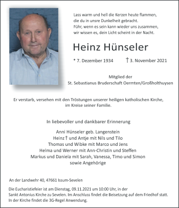 Traueranzeige von Heinz Hünseler 