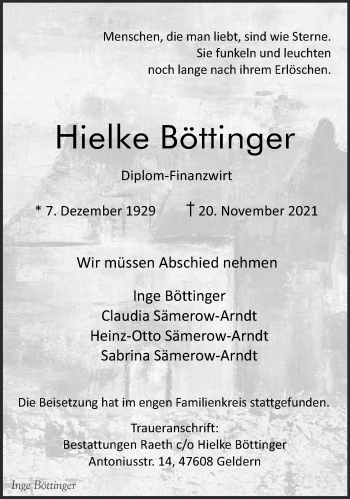 Traueranzeige von Hielke Böttinger 