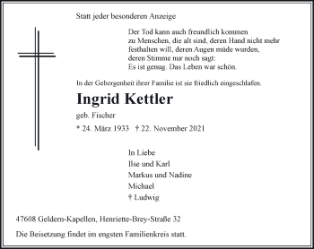 Traueranzeige von Ingrid Kettler 