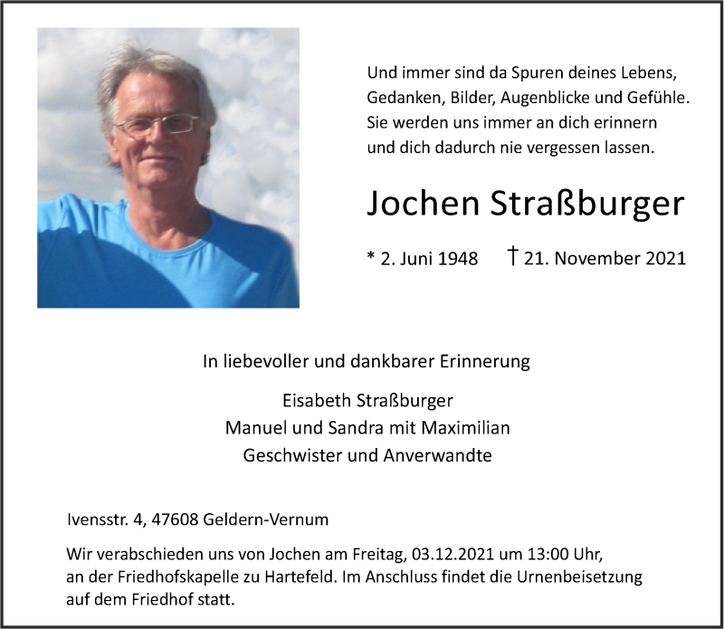  Traueranzeige für Jochen Straßburger vom 27.11.2021 aus 