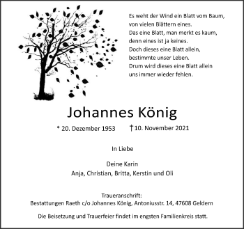 Traueranzeige von Johannes König 