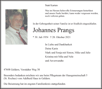 Traueranzeige von Johannes Prangs 