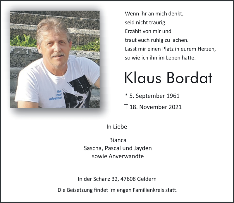  Traueranzeige für Klaus Bordat vom 27.11.2021 aus 