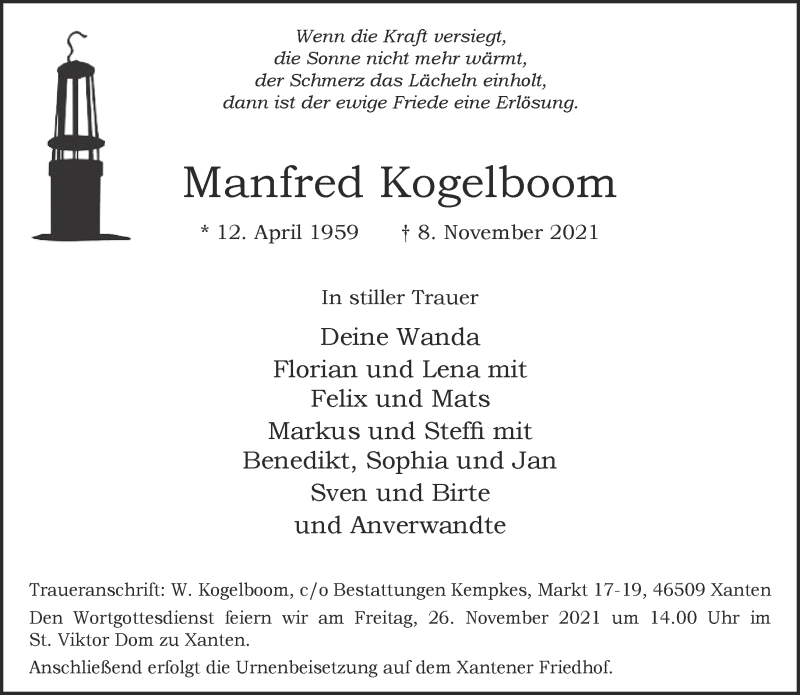  Traueranzeige für Manfred Kogelboom vom 20.11.2021 aus 