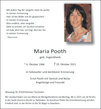 Traueranzeige von Maria Pooth 