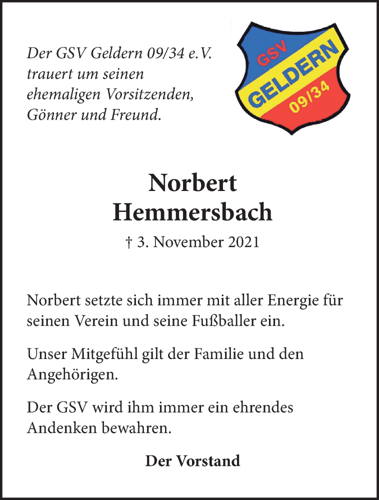  Traueranzeige für Norbert Hemmersbach vom 20.11.2021 aus 