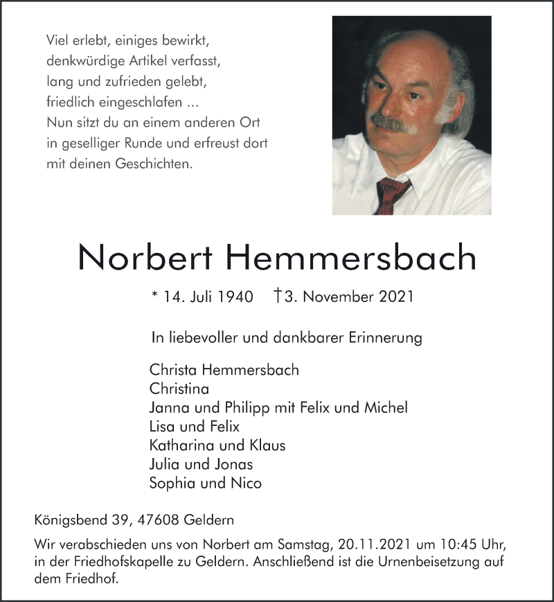  Traueranzeige für Norbert Hemmersbach vom 13.11.2021 aus 