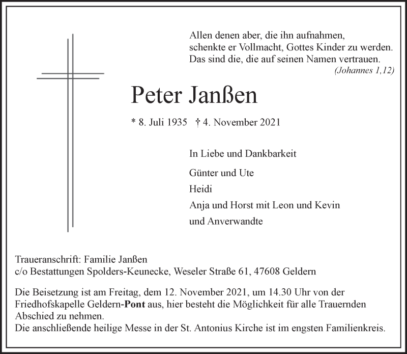  Traueranzeige für Peter Janßen vom 10.11.2021 aus 