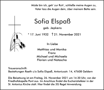 Traueranzeige von Sofia Elspaß 