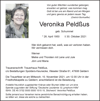 Traueranzeige von Veronika Peldßus 