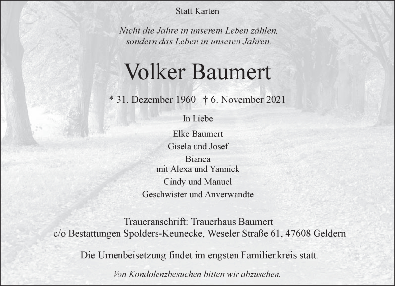  Traueranzeige für Volker Baumert vom 13.11.2021 aus 