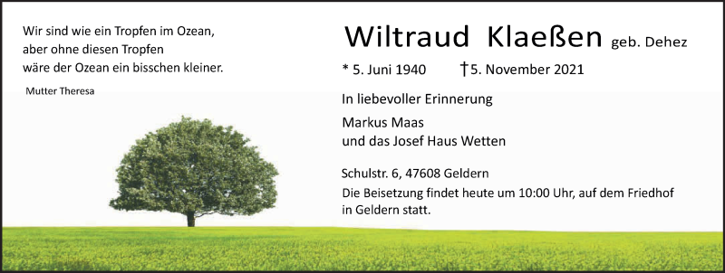  Traueranzeige für Wiltraud Klaeßen vom 20.11.2021 aus 