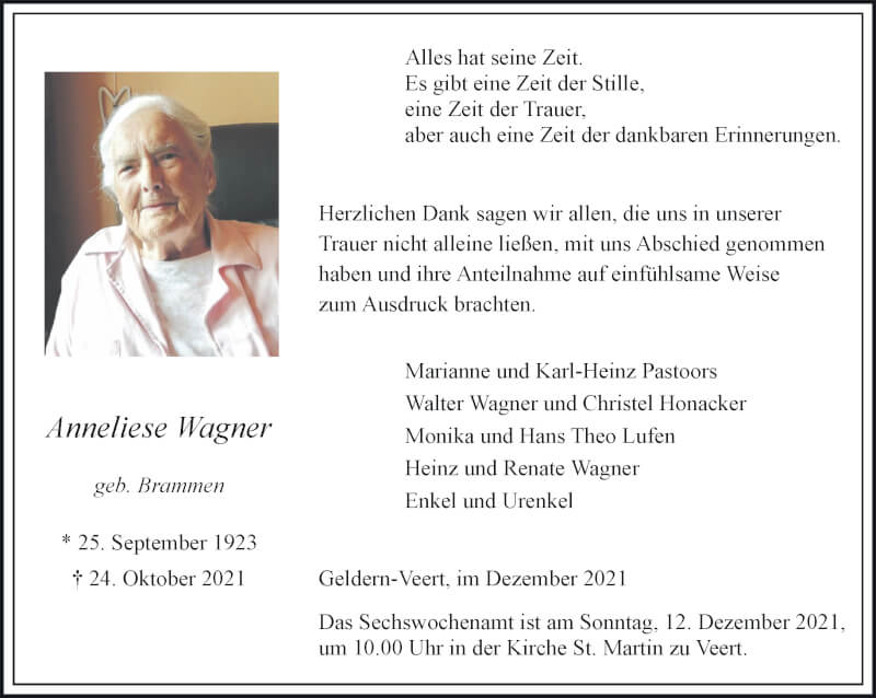  Traueranzeige für Anneliese Wagner vom 11.12.2021 aus 
