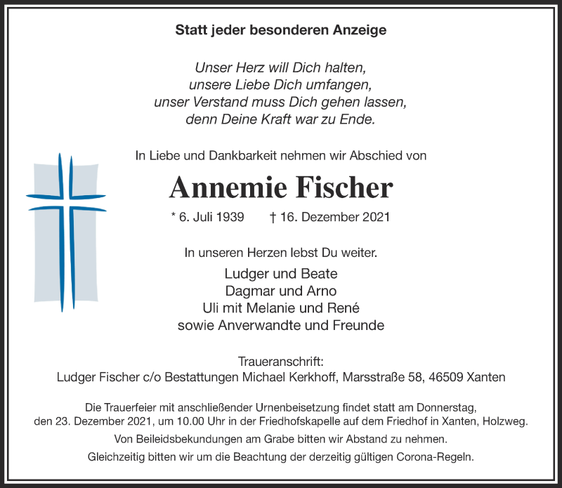  Traueranzeige für Annemie Fischer vom 22.12.2021 aus 