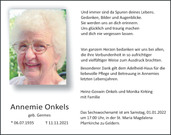 Traueranzeige von Annemie Onkels 