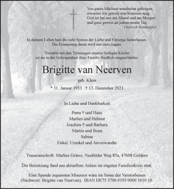 Traueranzeige von Brigitte van Neerven 