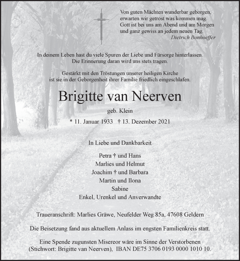  Traueranzeige für Brigitte van Neerven vom 22.12.2021 aus 