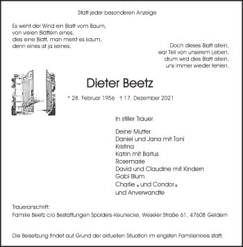 Traueranzeige von Dieter Beetz 