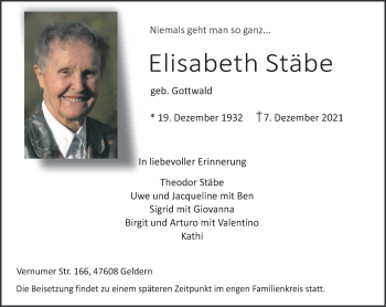 Traueranzeige von Elisabeth Stäbe 
