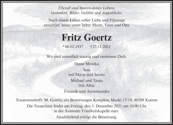 Traueranzeige von Fritz Goertz 
