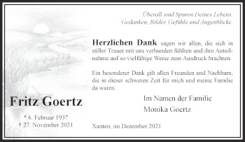 Traueranzeige von Fritz Goertz 