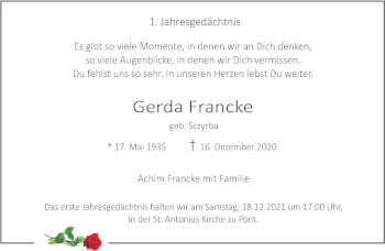 Traueranzeige von Gerda Francke 