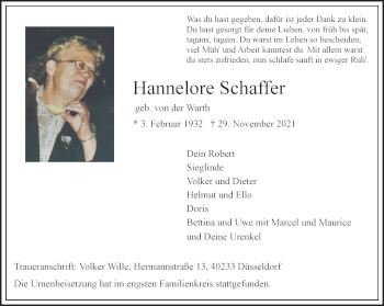 Traueranzeige von Hannelore Schaffer 