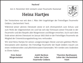 Traueranzeige von Heinz Hartjes 