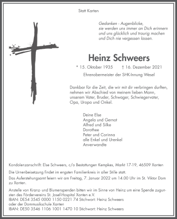 Traueranzeige von Heinz Schweers 