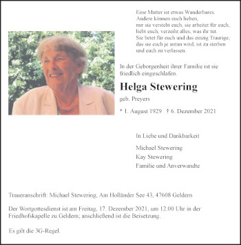 Traueranzeige von Helga Stewering 