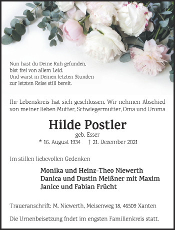Traueranzeige von Hilde Postler 