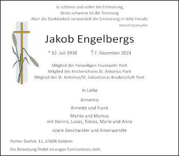 Traueranzeige von Jakob Engelbergs 