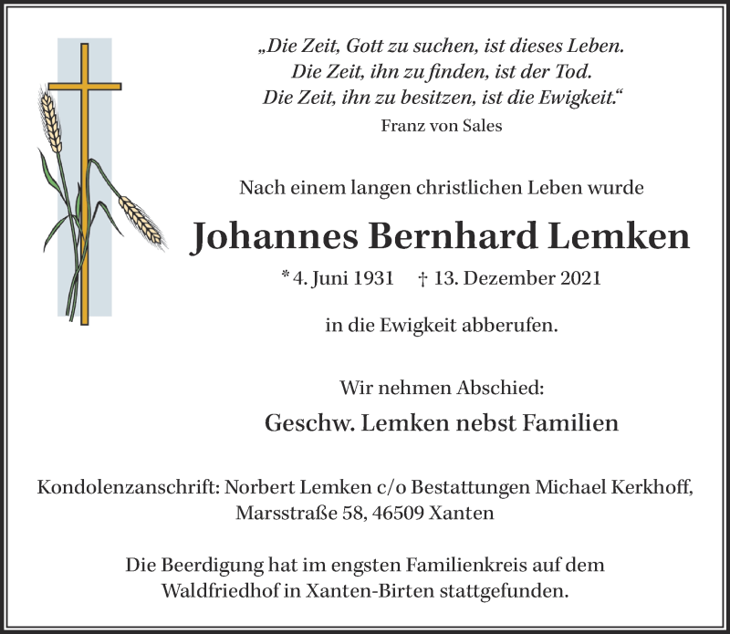  Traueranzeige für Johannes Bernhard Lemken vom 22.12.2021 aus 