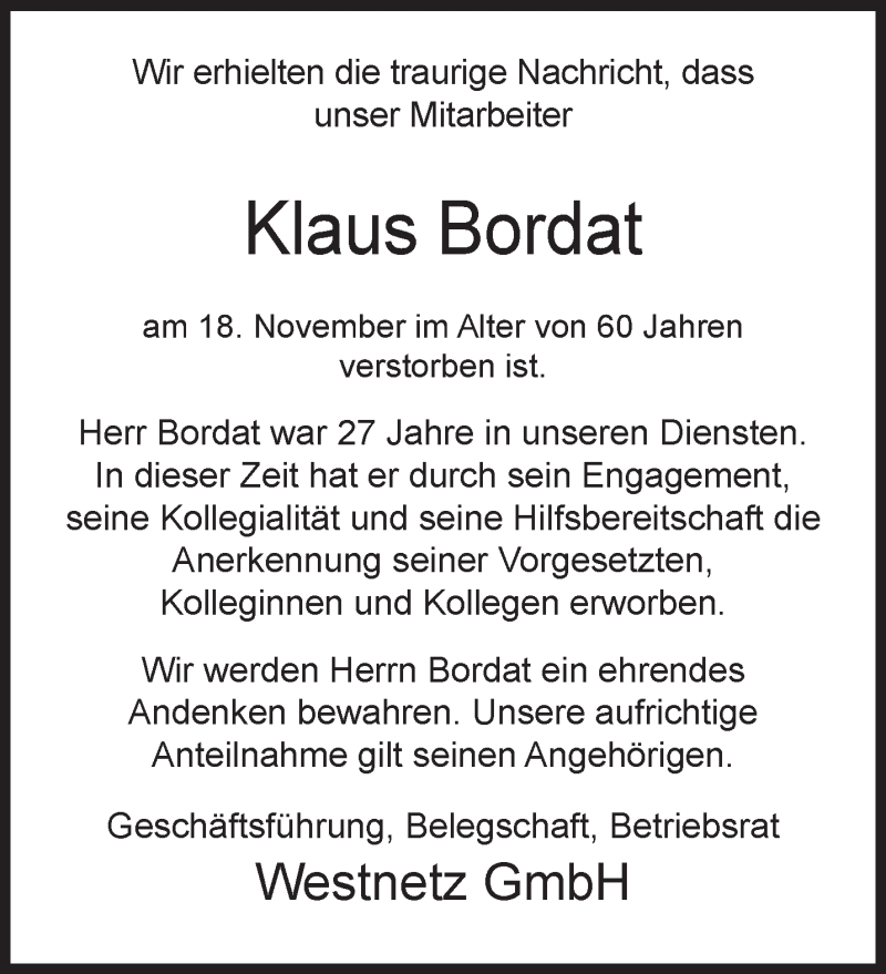  Traueranzeige für Klaus Bordat vom 01.12.2021 aus 