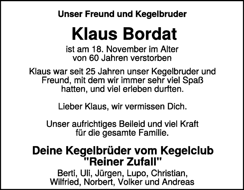  Traueranzeige für Klaus Bordat vom 08.12.2021 aus 
