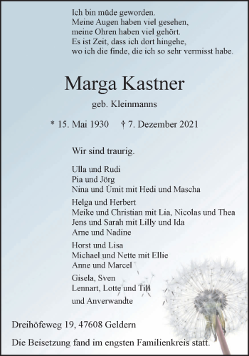 Traueranzeige von Marga Kastner 