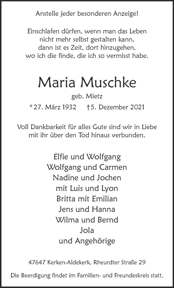 Traueranzeige für Maria Muschke vom 08.12.2021 aus 
