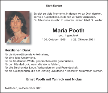 Traueranzeige von Maria Pooth 