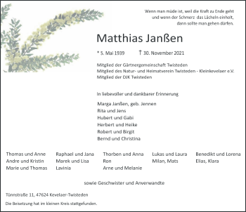 Traueranzeige von Matthias Janßen 