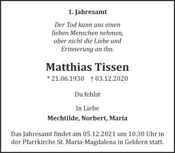 Traueranzeige von Matthias Tissen 