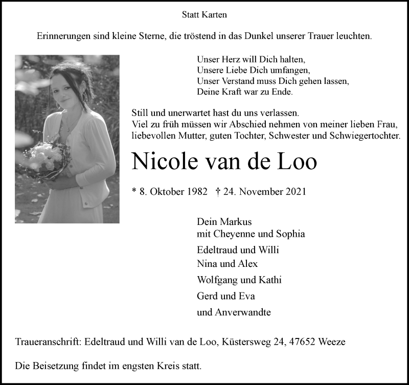  Traueranzeige für Nicole van de Loo vom 01.12.2021 aus 