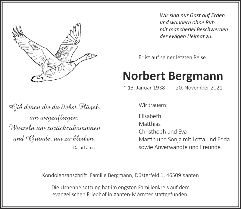  Traueranzeige für Norbert Bergmann vom 15.12.2021 aus 